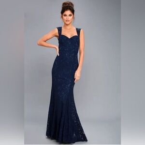Lulus Rosetta Gown Lace Mermaid Sweetheart Small Blue Prom Wedding Black Tie